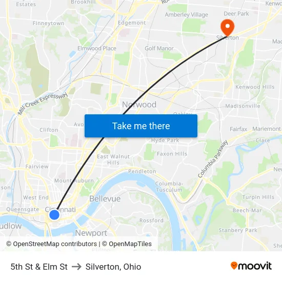 5th St & Elm St to Silverton, Ohio map