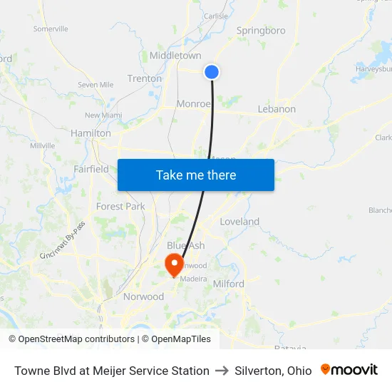 Towne Blvd at Meijer Service Station to Silverton, Ohio map