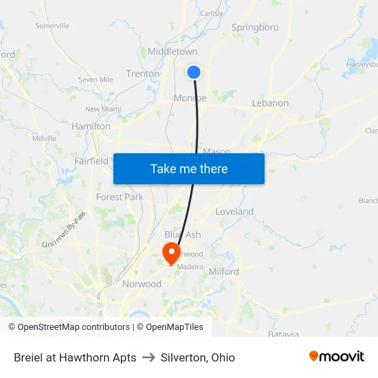 Breiel at Hawthorn Apts to Silverton, Ohio map