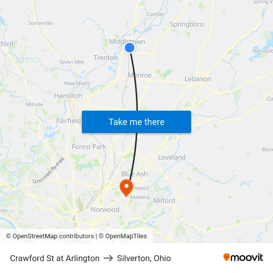 Crawford St at Arlington to Silverton, Ohio map