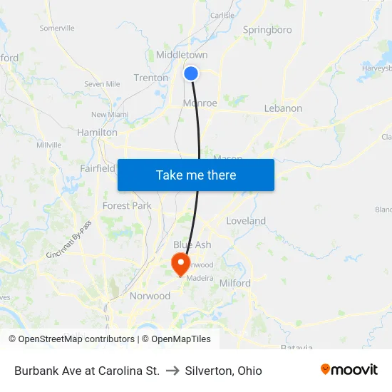 Burbank Ave at Carolina St. to Silverton, Ohio map