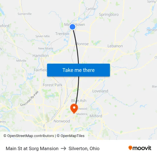 Main St at Sorg Mansion to Silverton, Ohio map