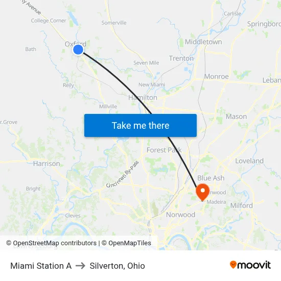 Miami Station A to Silverton, Ohio map
