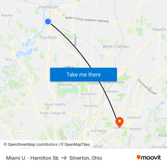 Miami U. - Hamilton Sb to Silverton, Ohio map