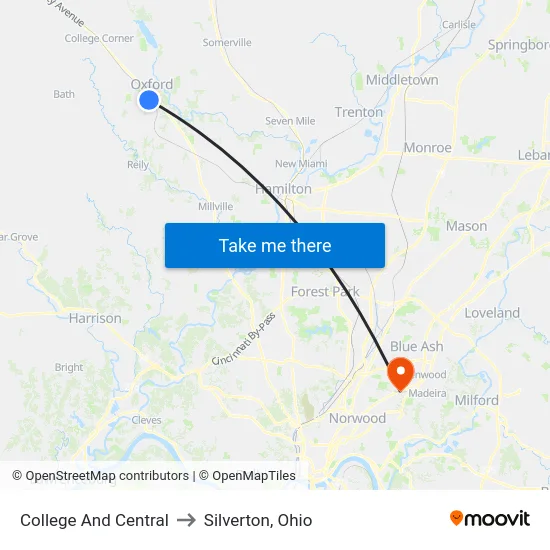 College And Central Nb to Silverton, Ohio map