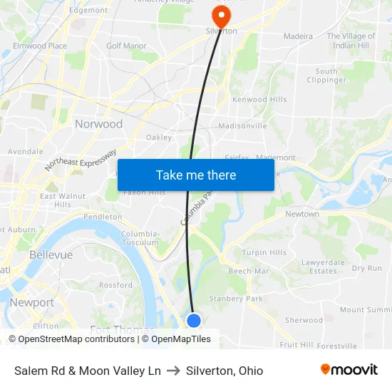 Salem Rd & Moon Valley Ln to Silverton, Ohio map
