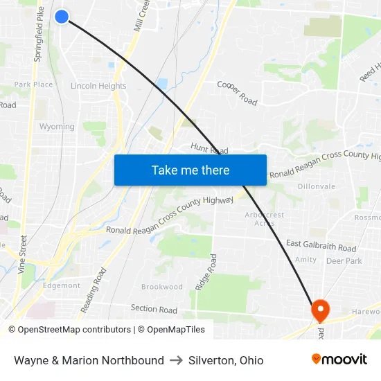Wayne & Marion Northbound to Silverton, Ohio map