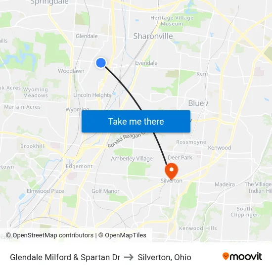 Glendale Milford & Spartan Dr to Silverton, Ohio map