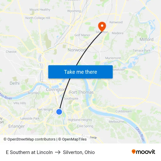 E Southern at Lincoln to Silverton, Ohio map