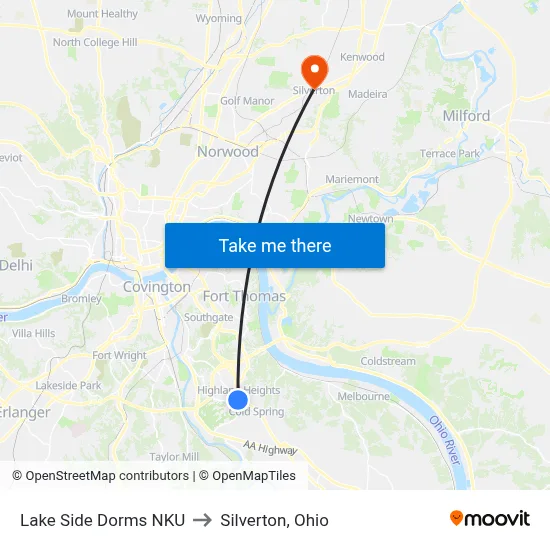 Lake Side Dorms NKU to Silverton, Ohio map