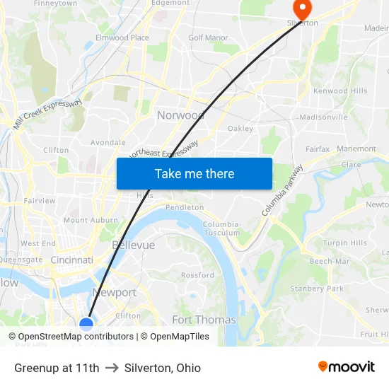 Greenup at 11th to Silverton, Ohio map