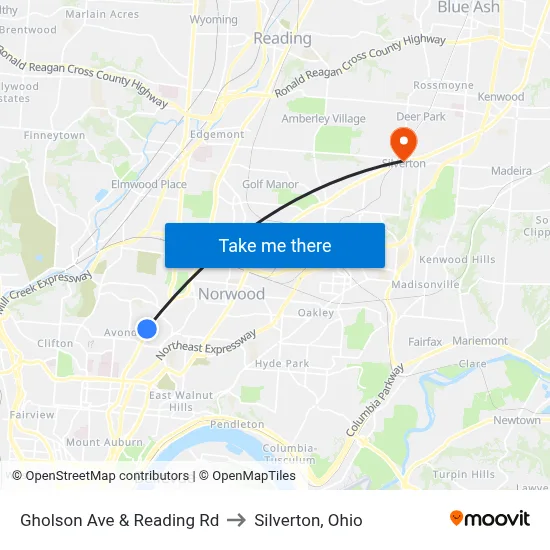 Gholson Ave & Reading Rd to Silverton, Ohio map