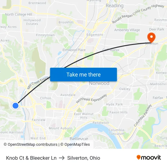 Knob Ct & Bleecker Ln to Silverton, Ohio map