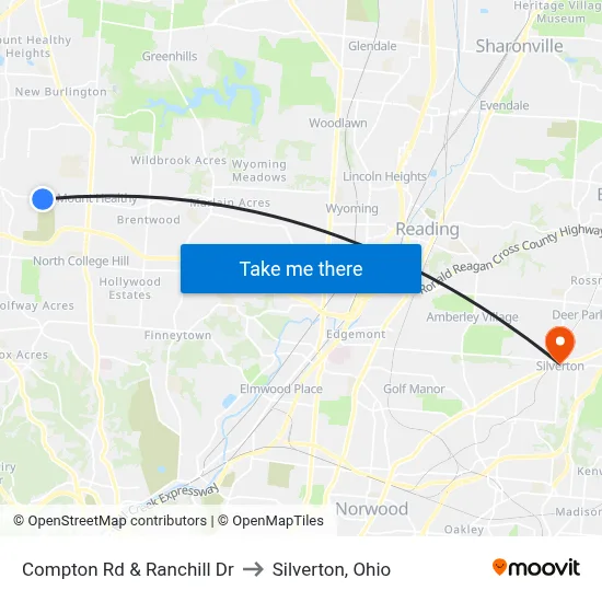 Compton Rd & Ranchill Dr to Silverton, Ohio map