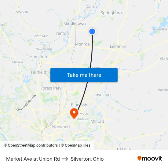 Market Ave at Union Rd to Silverton, Ohio map
