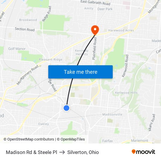 Madison Rd & Steele Pl to Silverton, Ohio map