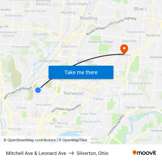 Mitchell Ave & Leonard Ave to Silverton, Ohio map