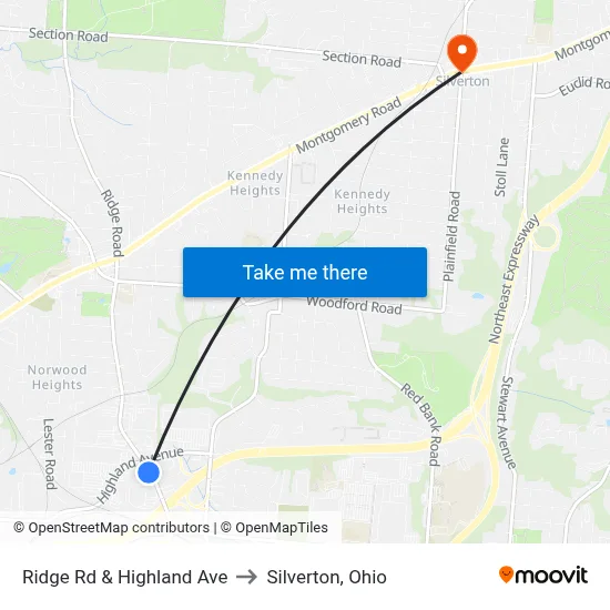 Ridge Rd & Highland Ave to Silverton, Ohio map