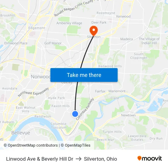 Linwood Ave & Beverly Hill Dr to Silverton, Ohio map