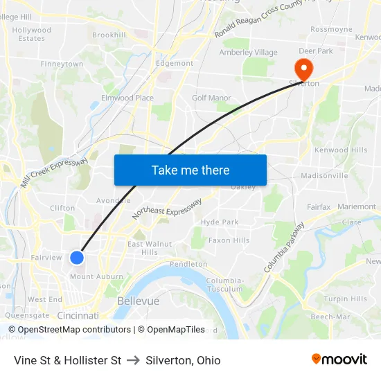 Vine St & Hollister St to Silverton, Ohio map