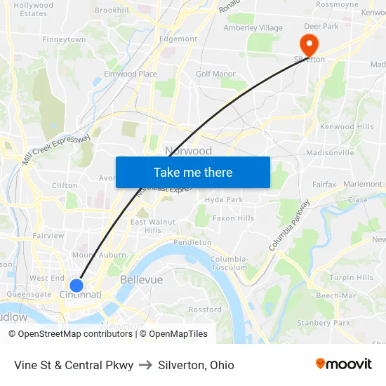 Vine St & Central Pkwy to Silverton, Ohio map