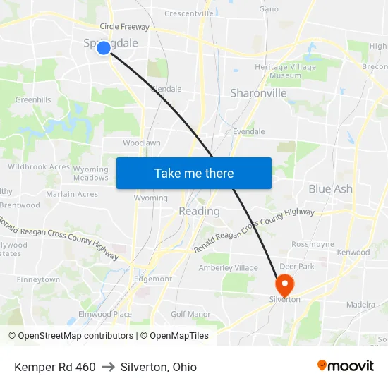 Kemper Rd 460 to Silverton, Ohio map