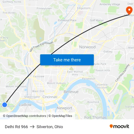 Delhi Rd 966 to Silverton, Ohio map