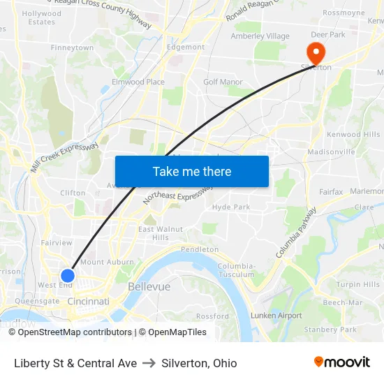 Liberty St & Central Ave to Silverton, Ohio map
