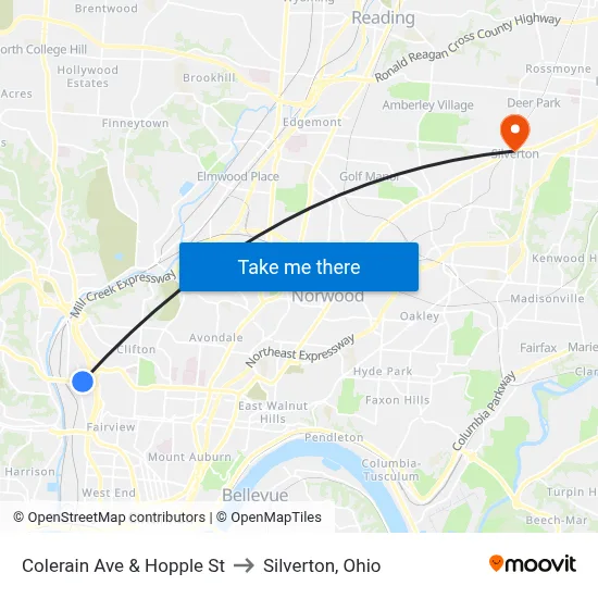Colerain Ave & Hopple St to Silverton, Ohio map