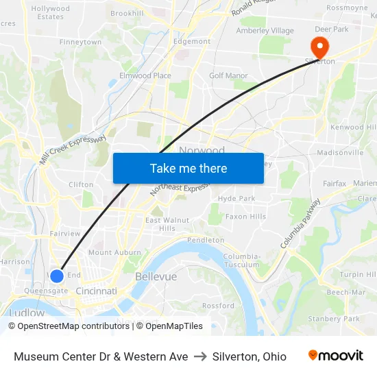 Museum Center Dr & Western Ave to Silverton, Ohio map