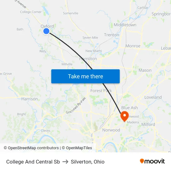 College And Central Sb to Silverton, Ohio map