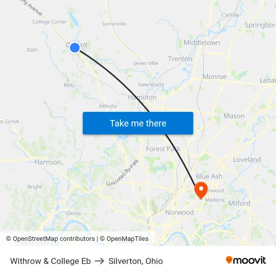 Withrow & College Eb to Silverton, Ohio map