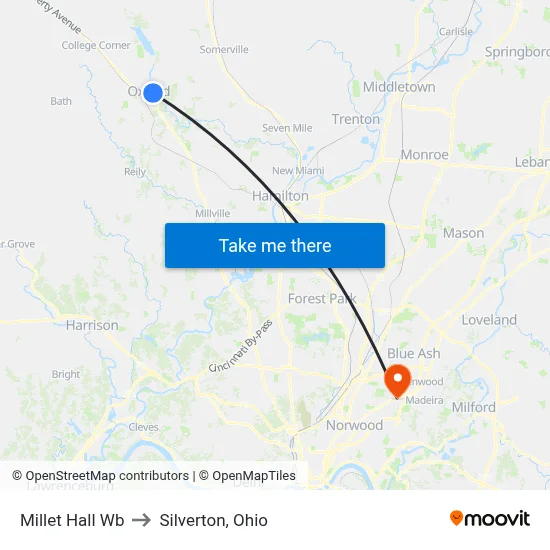 Millet Hall Wb to Silverton, Ohio map