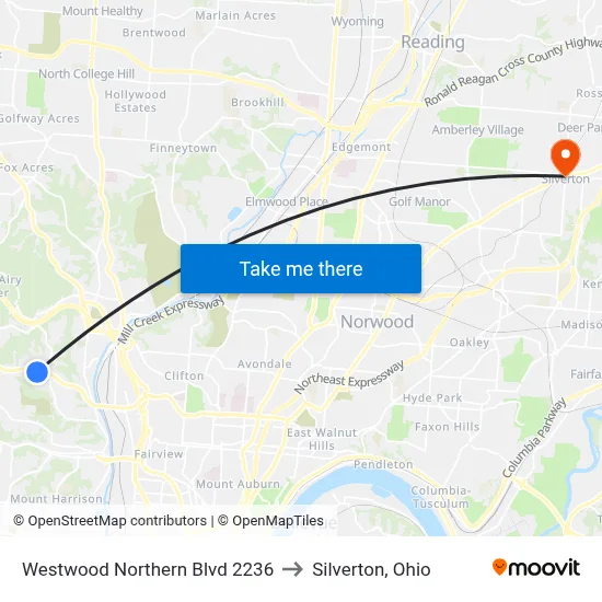 Westwood Northern Blvd 2236 to Silverton, Ohio map