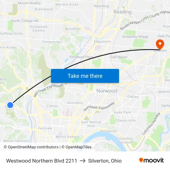 Westwood Northern Blvd 2211 to Silverton, Ohio map