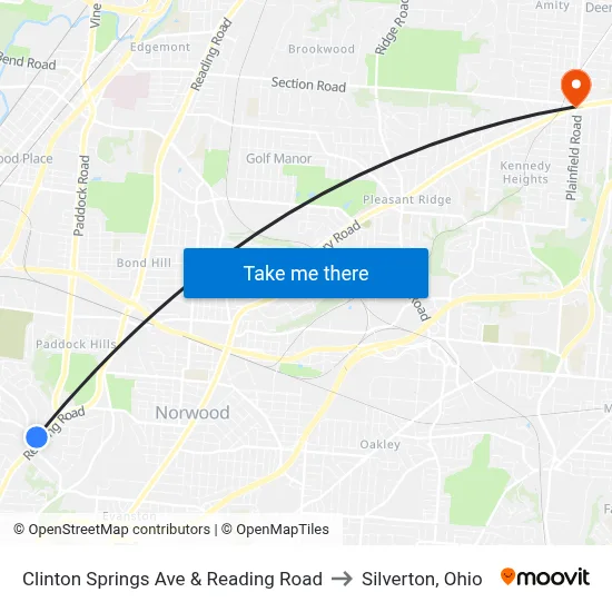 Clinton Springs Ave & Reading Road to Silverton, Ohio map