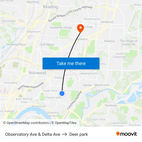 Observatory Ave & Delta Ave to Deer park map