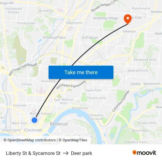 Liberty St & Sycamore St to Deer park map