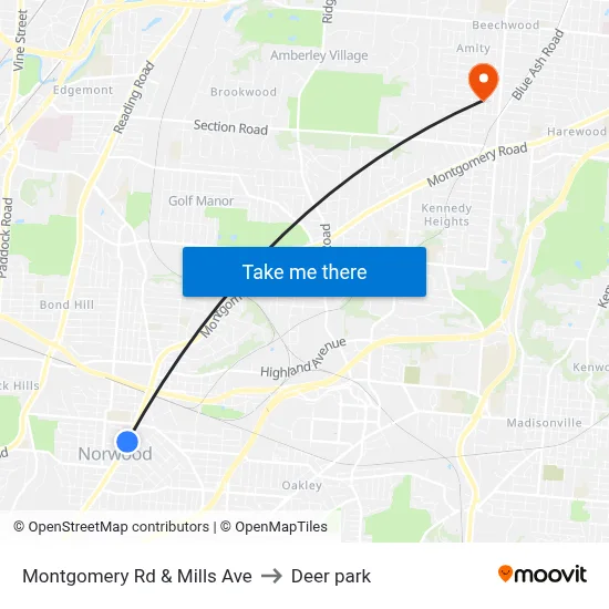 Montgomery Rd & Mills Ave to Deer park map