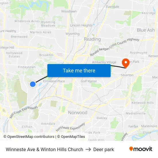 Winneste Ave & Winton Hills Church to Deer park map