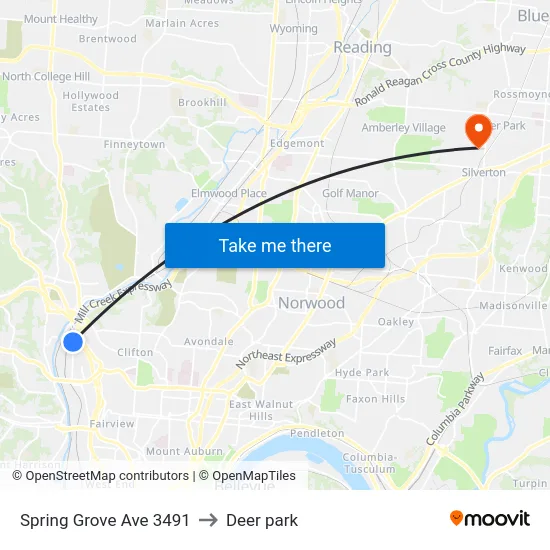 Spring Grove Ave 3491 to Deer park map