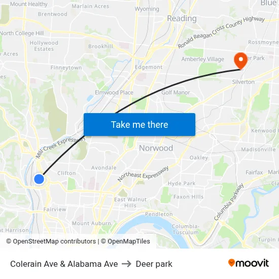 Colerain Ave & Alabama Ave to Deer park map