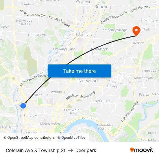 Colerain Ave & Township St to Deer park map