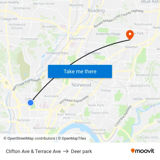 Clifton Ave & Terrace Ave to Deer park map