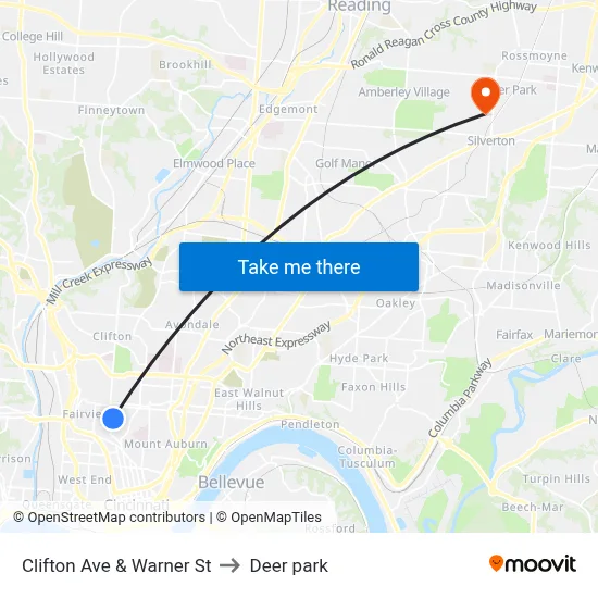 Clifton Ave & Warner St to Deer park map