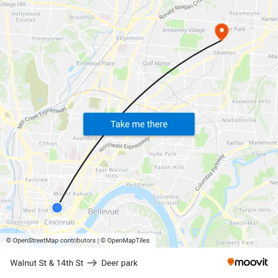 Walnut St & 14th St to Deer park map