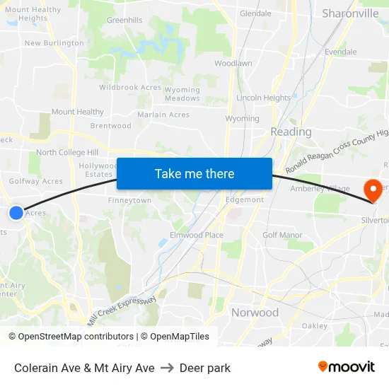 Colerain Ave & Mt Airy Ave to Deer park map