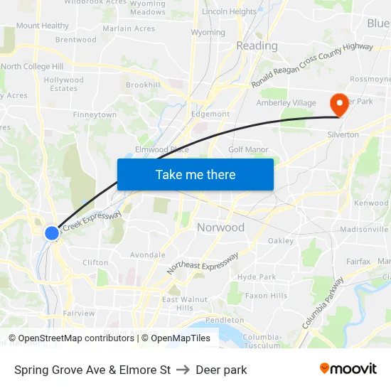 Spring Grove Ave & Elmore St to Deer park map