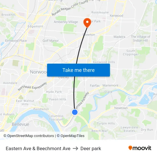 Eastern Ave & Beechmont Ave to Deer park map