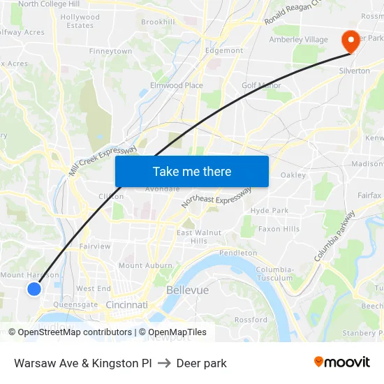 Warsaw Ave & Kingston Pl to Deer park map